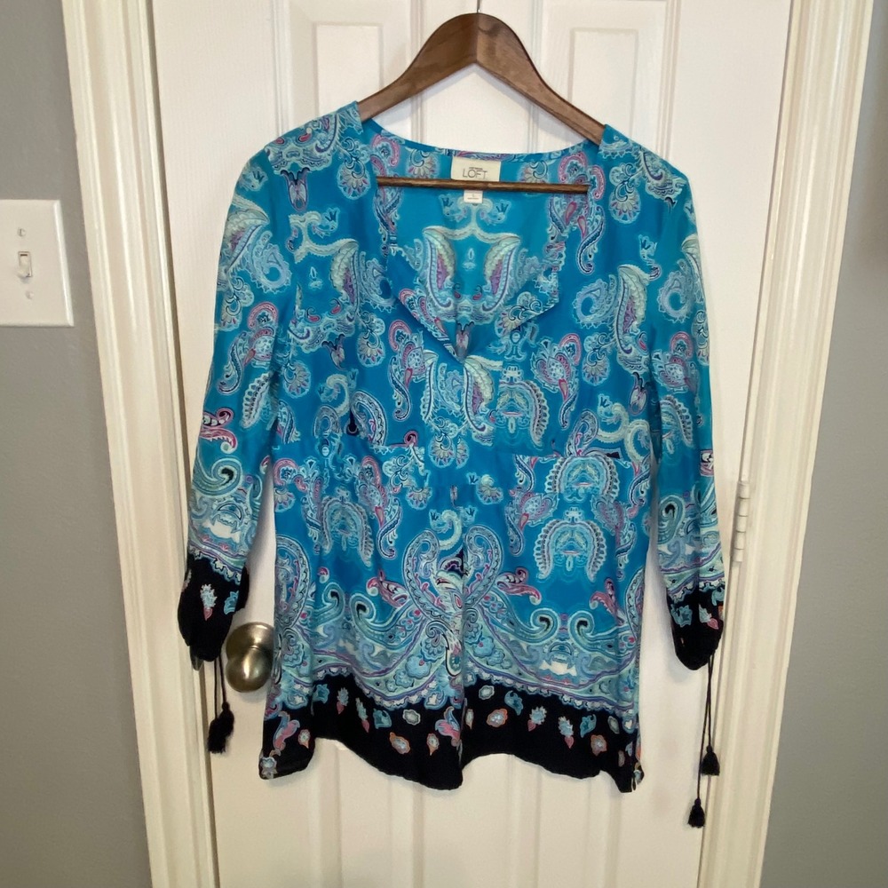 Ann Taylor LOFT Paisley Tunic Top Blue Pink Cotton Tassel Tie Long Sleeve Large